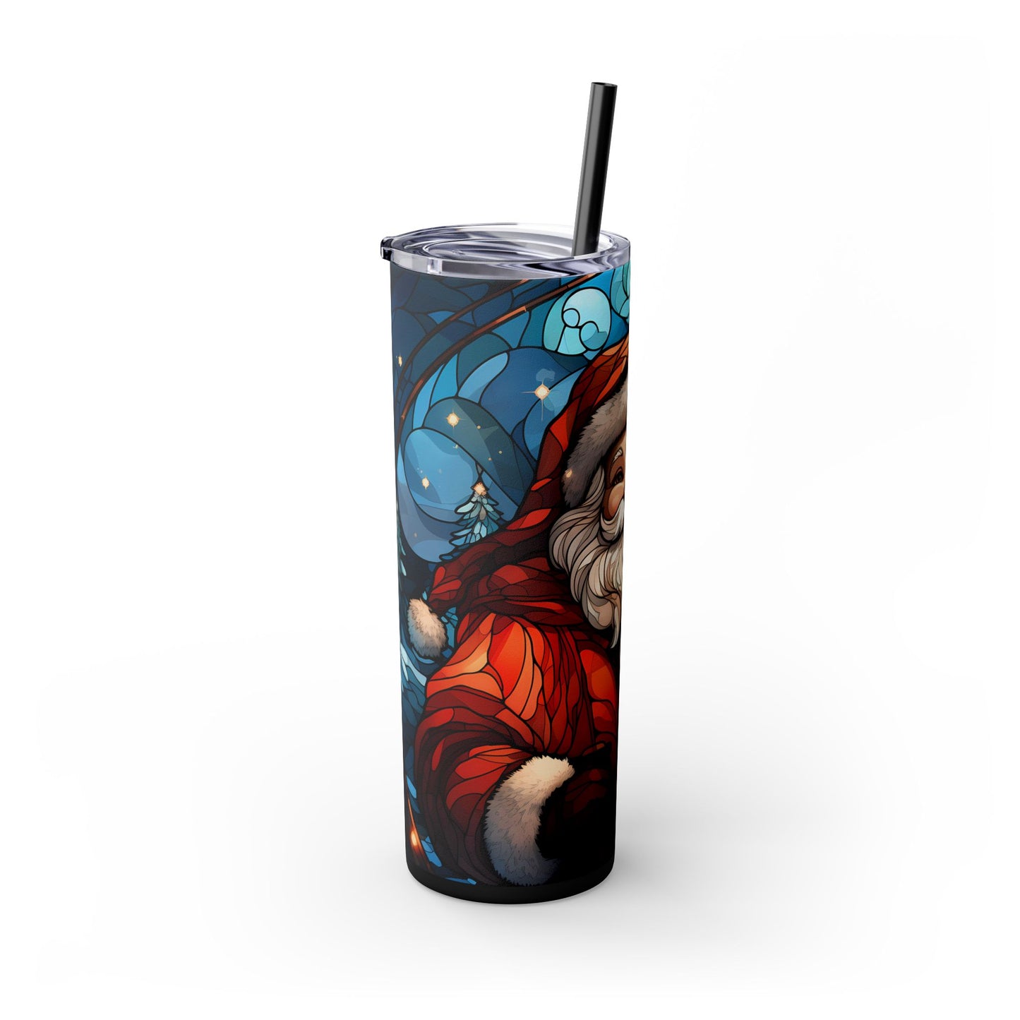Stained Glass Santa Christmas 20oz Skinny Tumbler with Straw | Holiday Tumbler Gift For Everyone