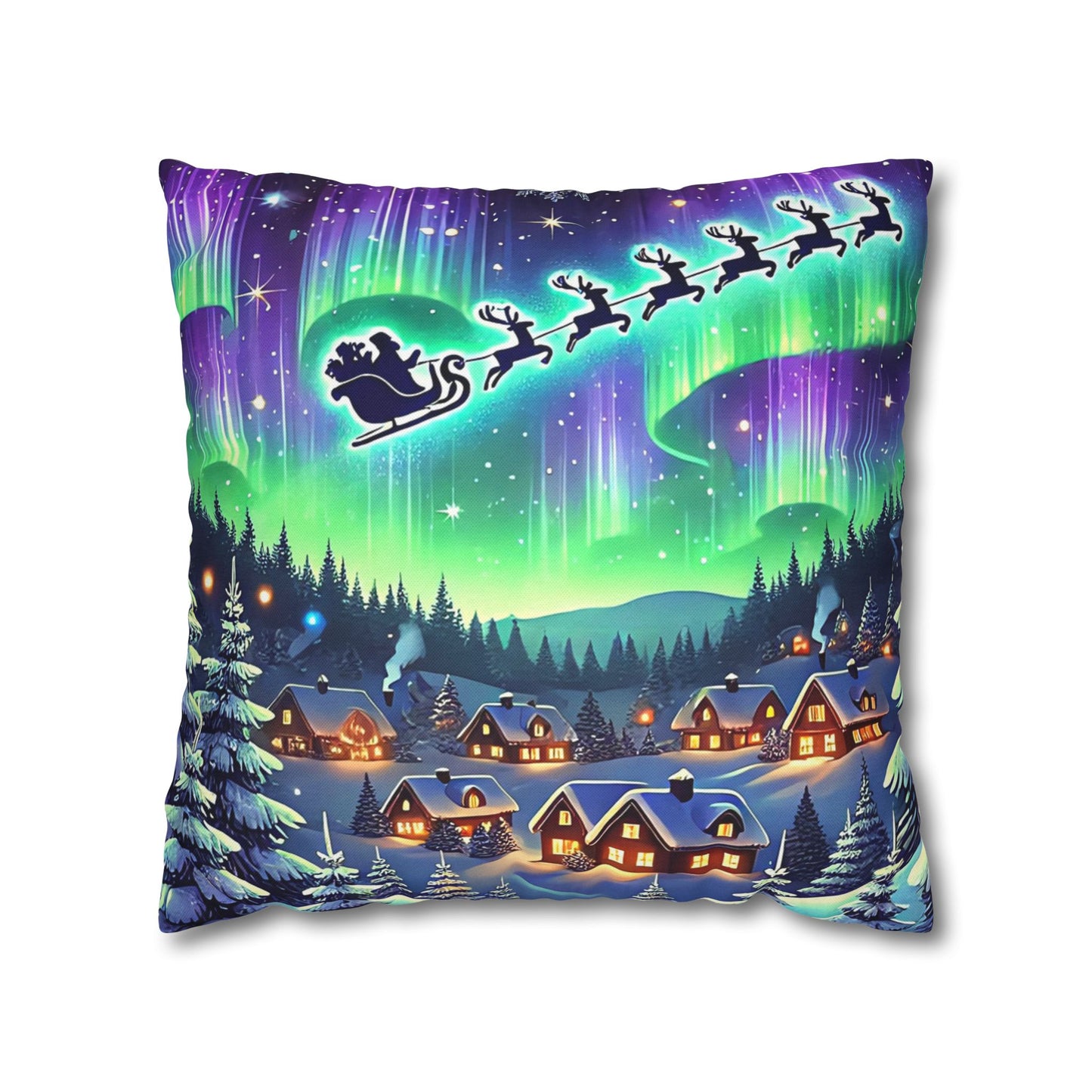 Santa Sleigh Winter Village - Northern Lights Christmas Pillowcase | Holiday Decorative Throw Pillow Cover COVER ONLY