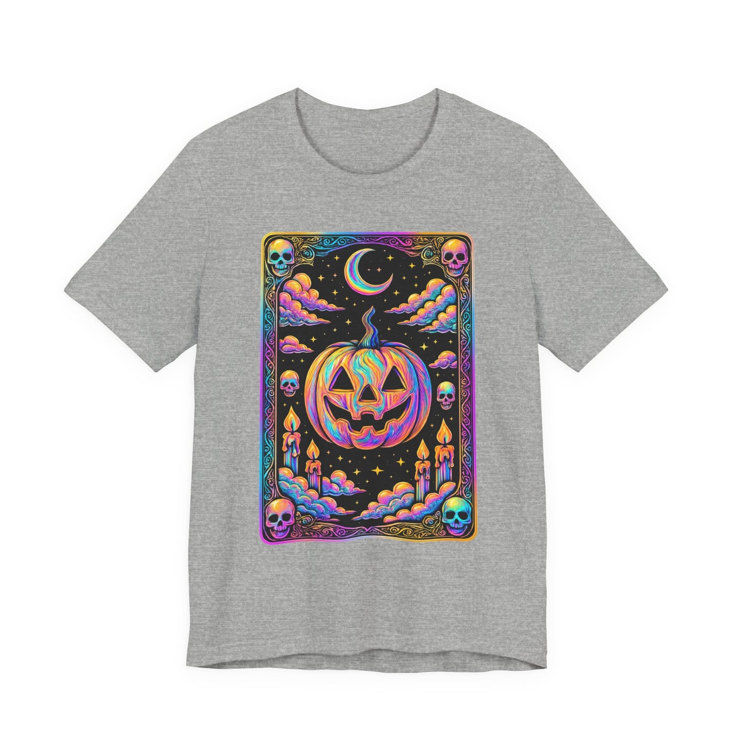 Halloween Pumpkin Tarot Card Graphic Tee, Unisex Short Sleeve T-Shirt, Spooky Vibes, Fall Festival Wear, Trick-or-Treat Shirt, October Celebration