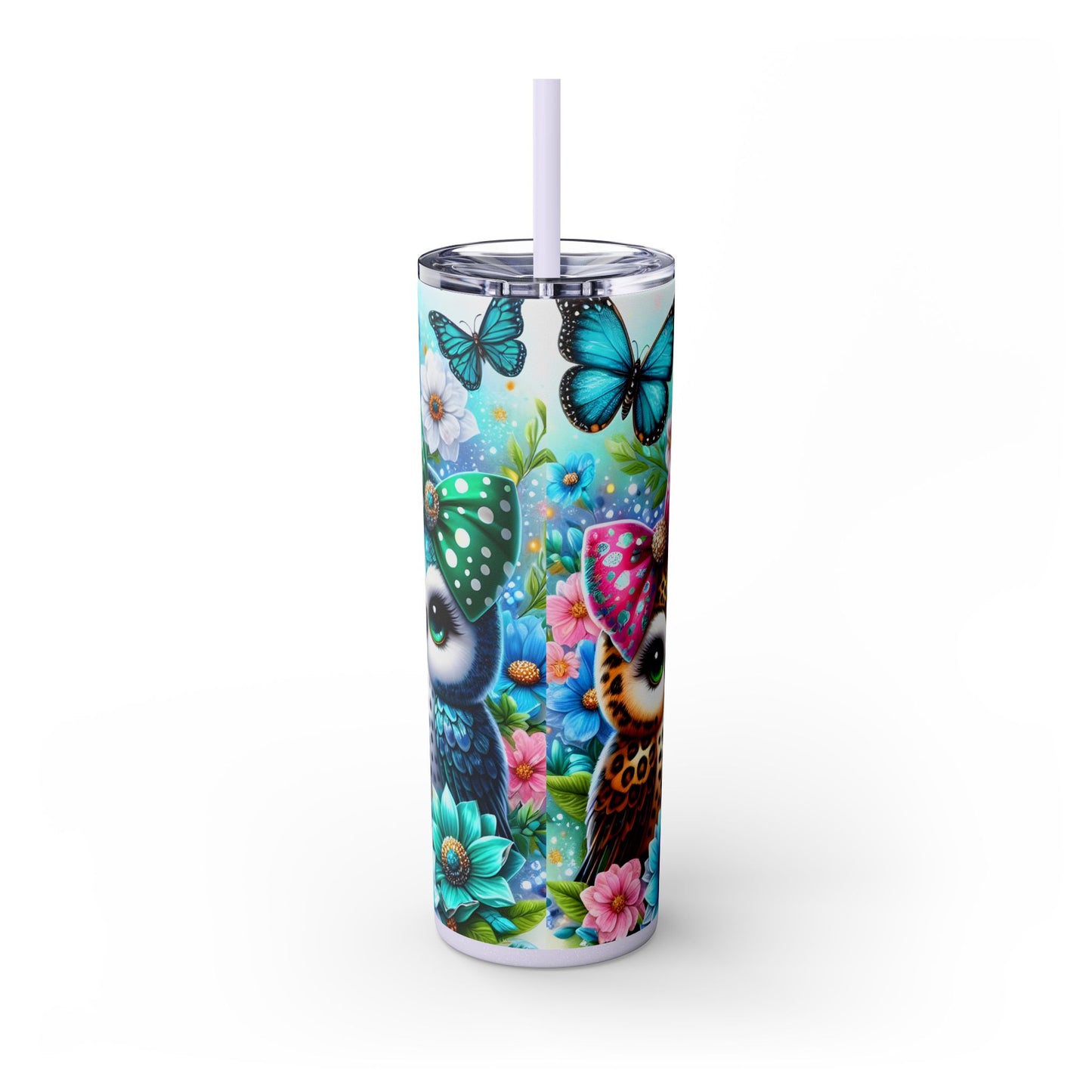 Cute Owls Skinny 20oz Tumbler With Straw, Perfect for Gifts, Floral Design, Drinkware for Owl & Animal Lovers, Travel or Home Use