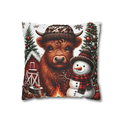 Christmas Highland Cow & Snowman Christmas Pillowcase | Holiday Decorative Throw Pillow Cover COVER ONLY