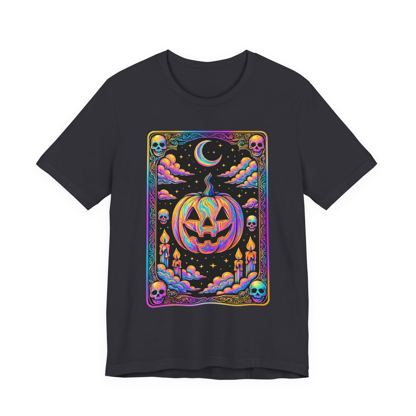 Halloween Pumpkin Tarot Card Graphic Tee, Unisex Short Sleeve T-Shirt, Spooky Vibes, Fall Festival Wear, Trick-or-Treat Shirt, October Celebration