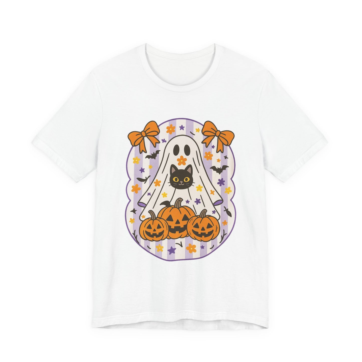 Halloween Ghost & Cat Graphic Tee | Unisex Short Sleeve T-Shirt, Cute Ghost Tee, Spooky Season Apparel, Fall Festivity Clothing