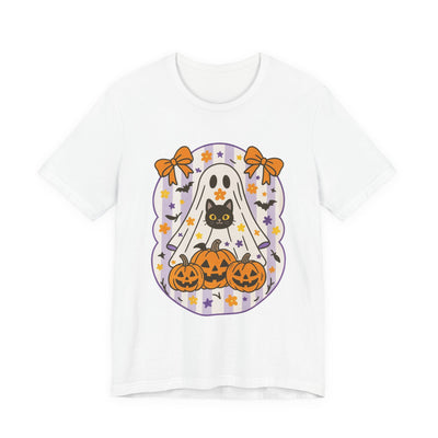 Halloween Ghost & Cat Graphic Tee | Unisex Short Sleeve T-Shirt, Cute Ghost Tee, Spooky Season Apparel, Fall Festivity Clothing