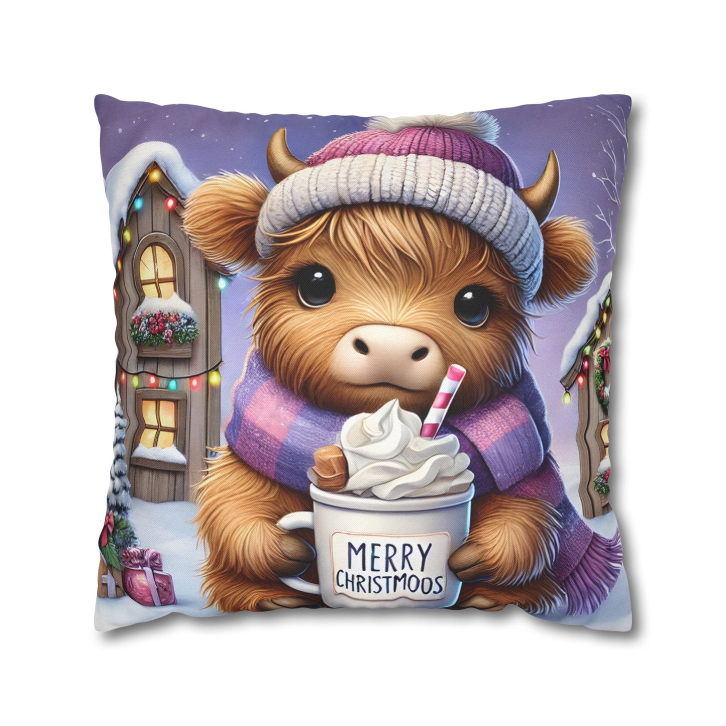 "Merry Christmoos" Cute Higland Cow Christmas Pillowcase | Holiday Decorative Throw Pillow Cover COVER ONLY