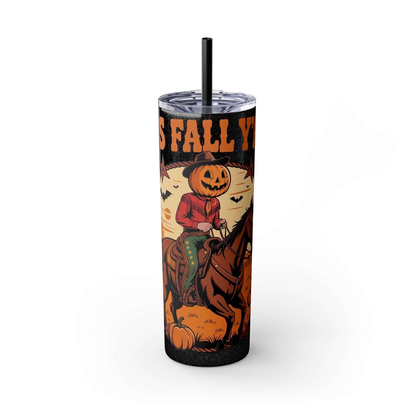 Fall-Themed 20oz Skinny Tumbler With Straw, Autumn Horse Rider Drinkware, Pumpkin Spice Cup, Halloween Gift, Harvest Decor
