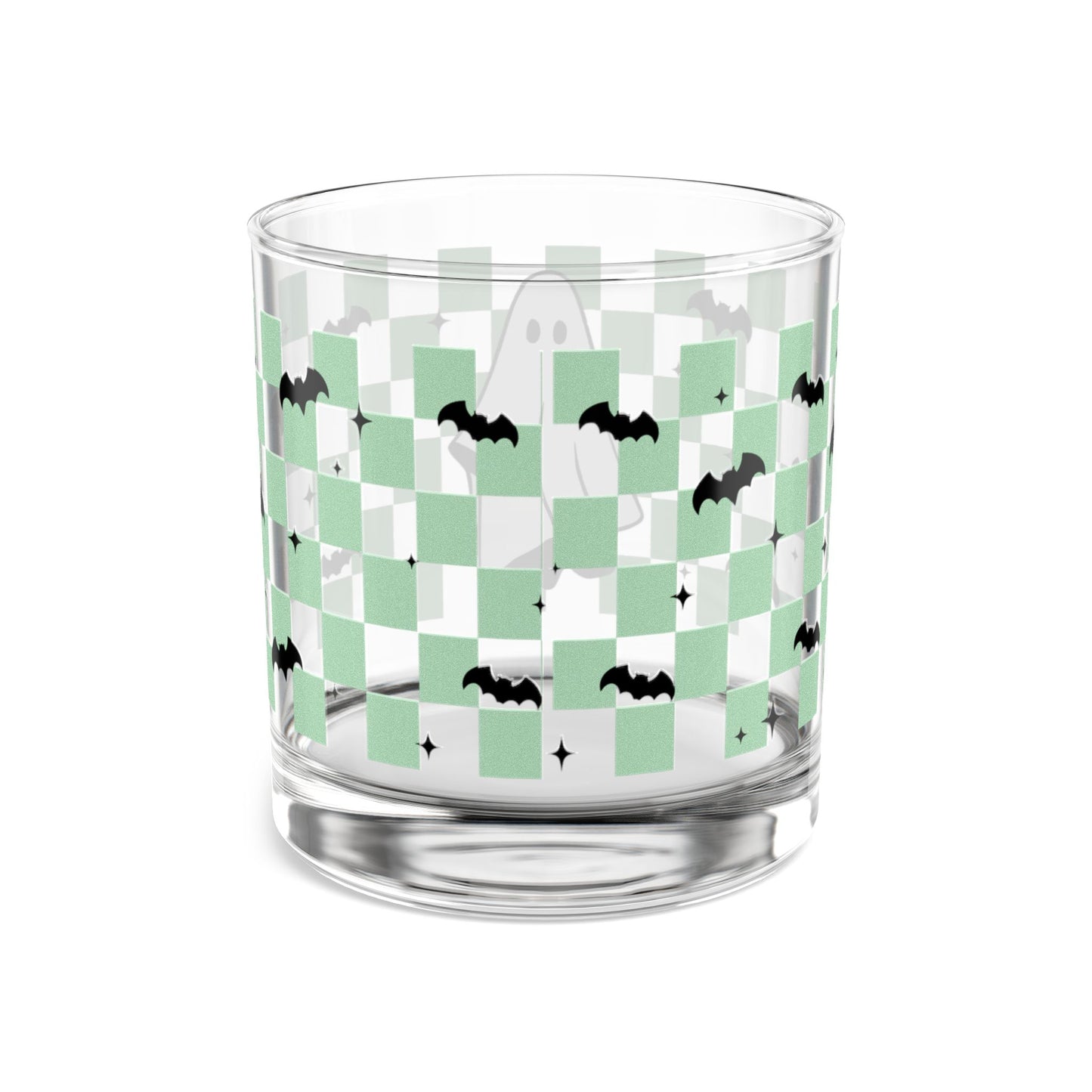 Checkered Ghost Rocks Glass, Spooky Drinkware, Ghost and Bat Design, Perfect for Parties, Unique Gift for Fall Celebrations