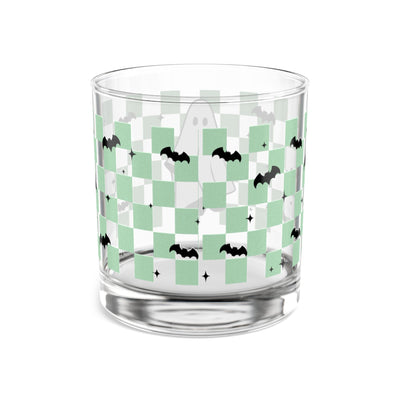 Checkered Ghost Rocks Glass, Spooky Drinkware, Ghost and Bat Design, Perfect for Parties, Unique Gift for Fall Celebrations