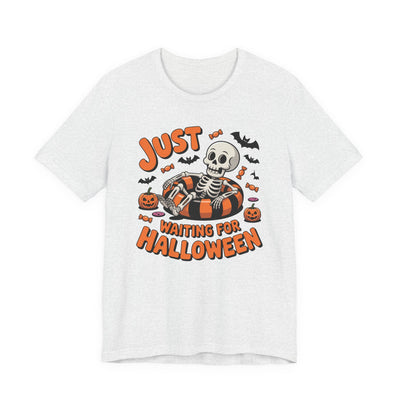 Just Waiting For Halloween Skeleton Graphic Tee | Unisex Short Sleeve T-Shirt, Spooky T-Shirt, Fall Apparel, Summerween Shirt, Unisex Halloween Costume, Pumpkin Fest Top