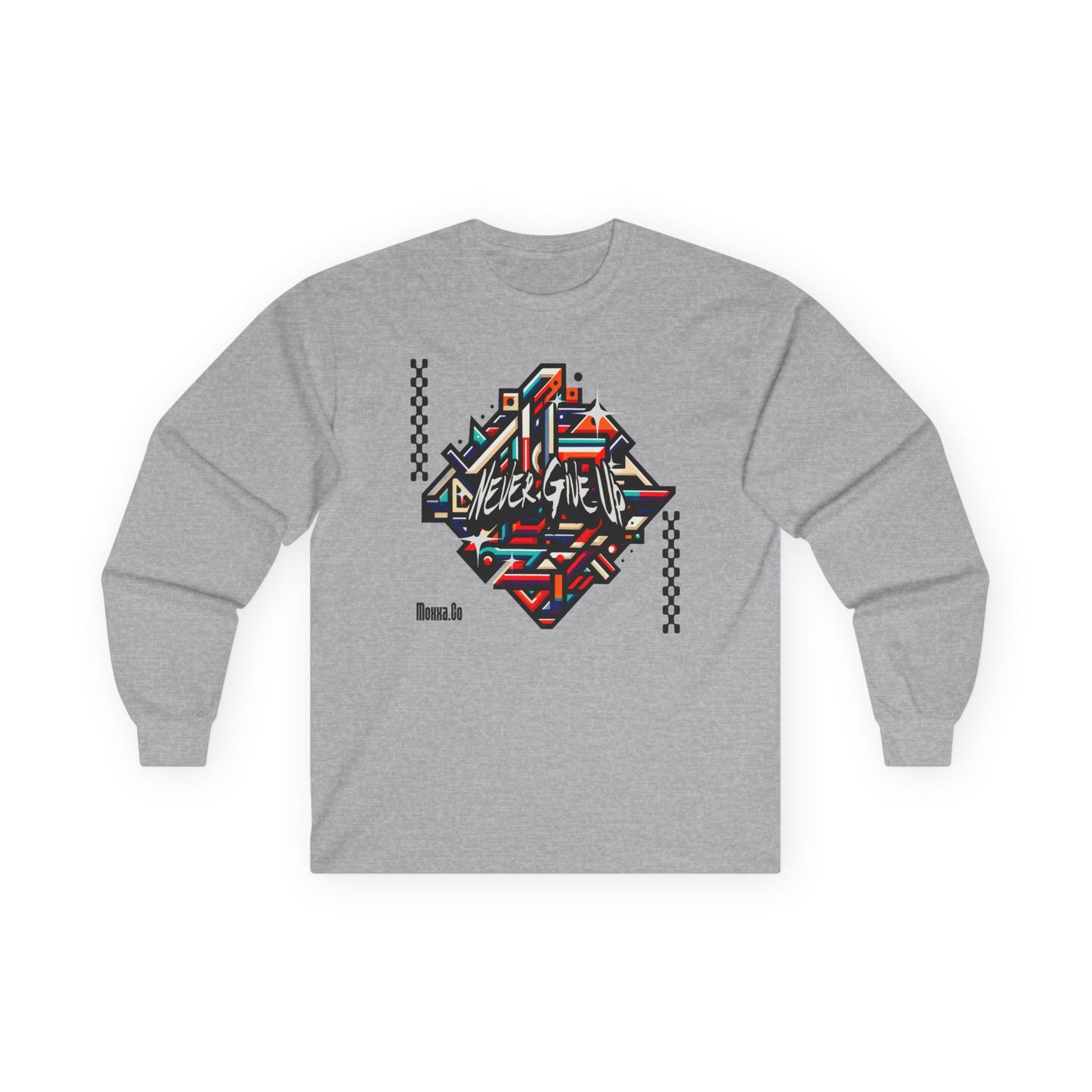 "Never Give Up" Geometric Graphic Long Sleeve Tee | Motivational Abstract Art Unisex T-Shirt