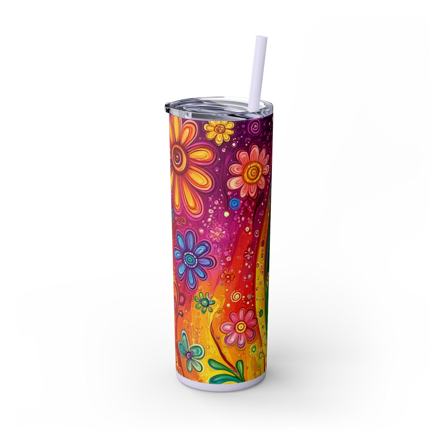 Vibrant Floral 20oz Skinny Tumbler With Straw, Colorful Water Bottle, Flower Drinkware, Boho Style Cup, Summer Vibes, Everyday Travel Cup
