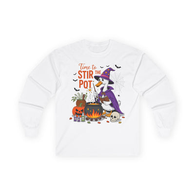 Time to Stir the Pot Halloween Goose Unisex Long Sleeve Tee, Funny Halloween Shirt, Witch Theme Apparel, Witch Humor Gift, Fall Festivity Clothing