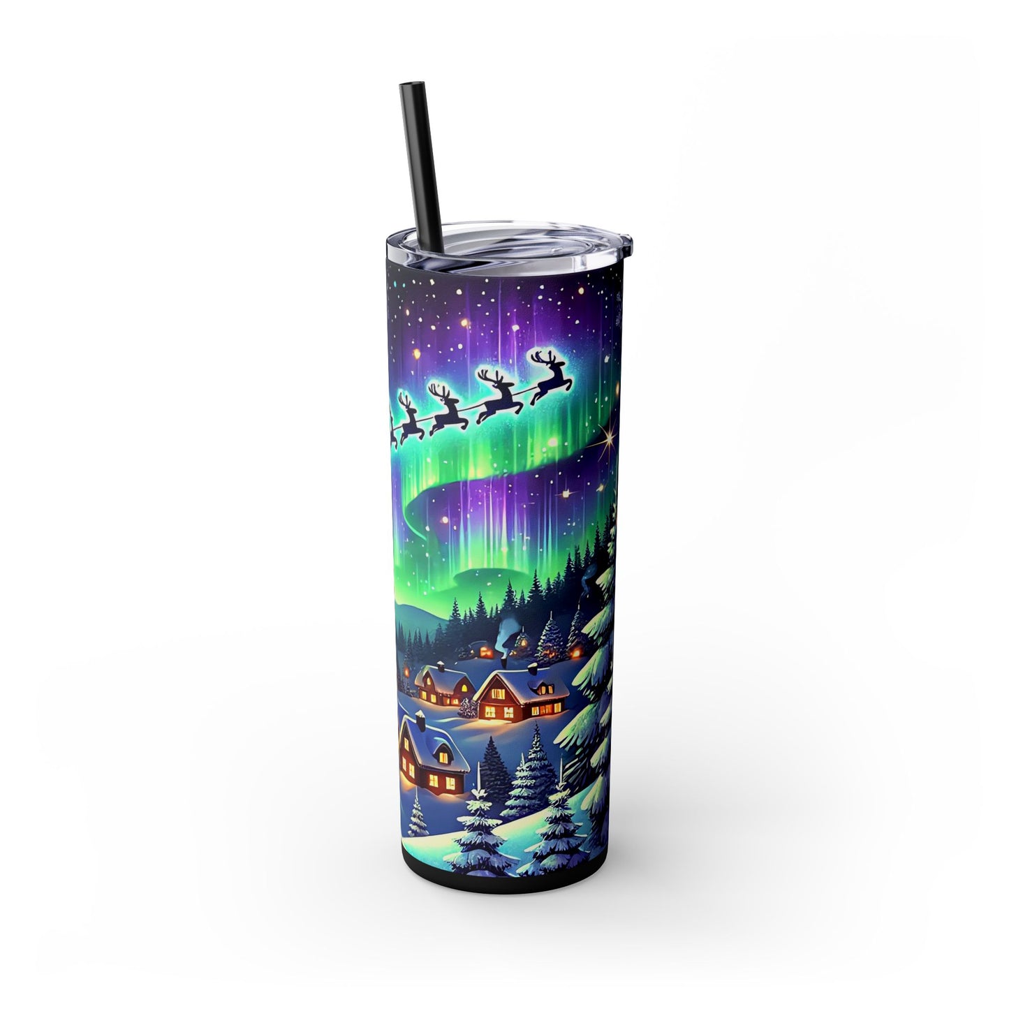 Santa Sleigh Winter Village Northern Lights Christmas 20oz Skinny Tumbler with Straw | Holiday Tumbler Gift For Everyone