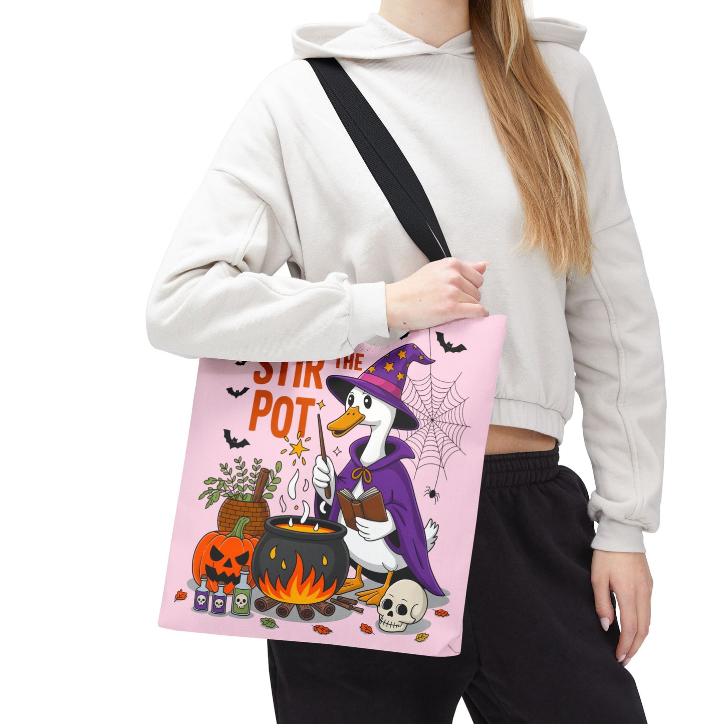 Time to Stir the Pot Halloween Goose Tote Bag, Fun Pumpkin Decor, Witchy Gift, Trick or Treat, Spooky Season Shopping Bag, Cute Duck Design