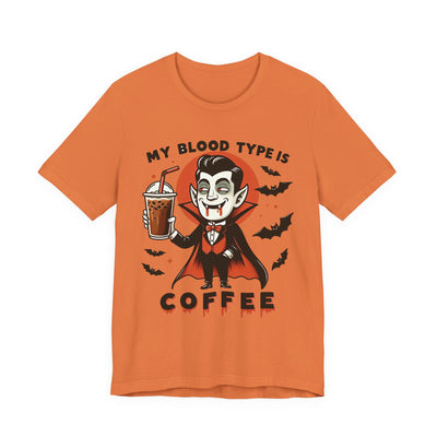 My Blood Type Is Coffee Vampire Tee, Halloween T-Shirt, Funny Graphic Shirt, Unisex Short Sleeve Top, Perfect Gift for Coffee Lovers