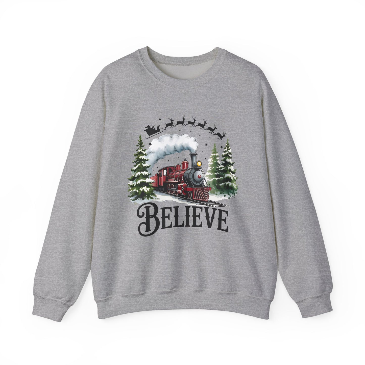 Believe Christmas Train Unisex Crewneck Sweatshirt | Cozy Christmas Holiday Graphic Pullover