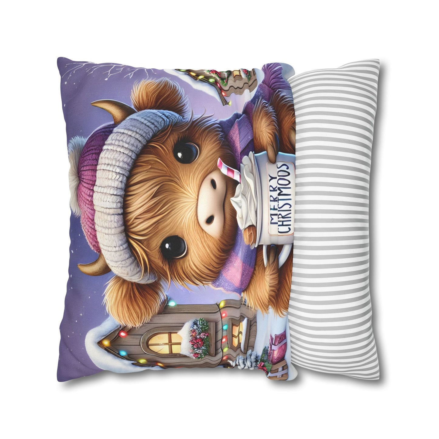 "Merry Christmoos" Cute Higland Cow Christmas Pillowcase | Holiday Decorative Throw Pillow Cover COVER ONLY