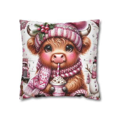 Cute Pink Highland Cow Winter Christmas Pillowcase | Holiday Decorative Throw Pillow Cover COVER ONLY