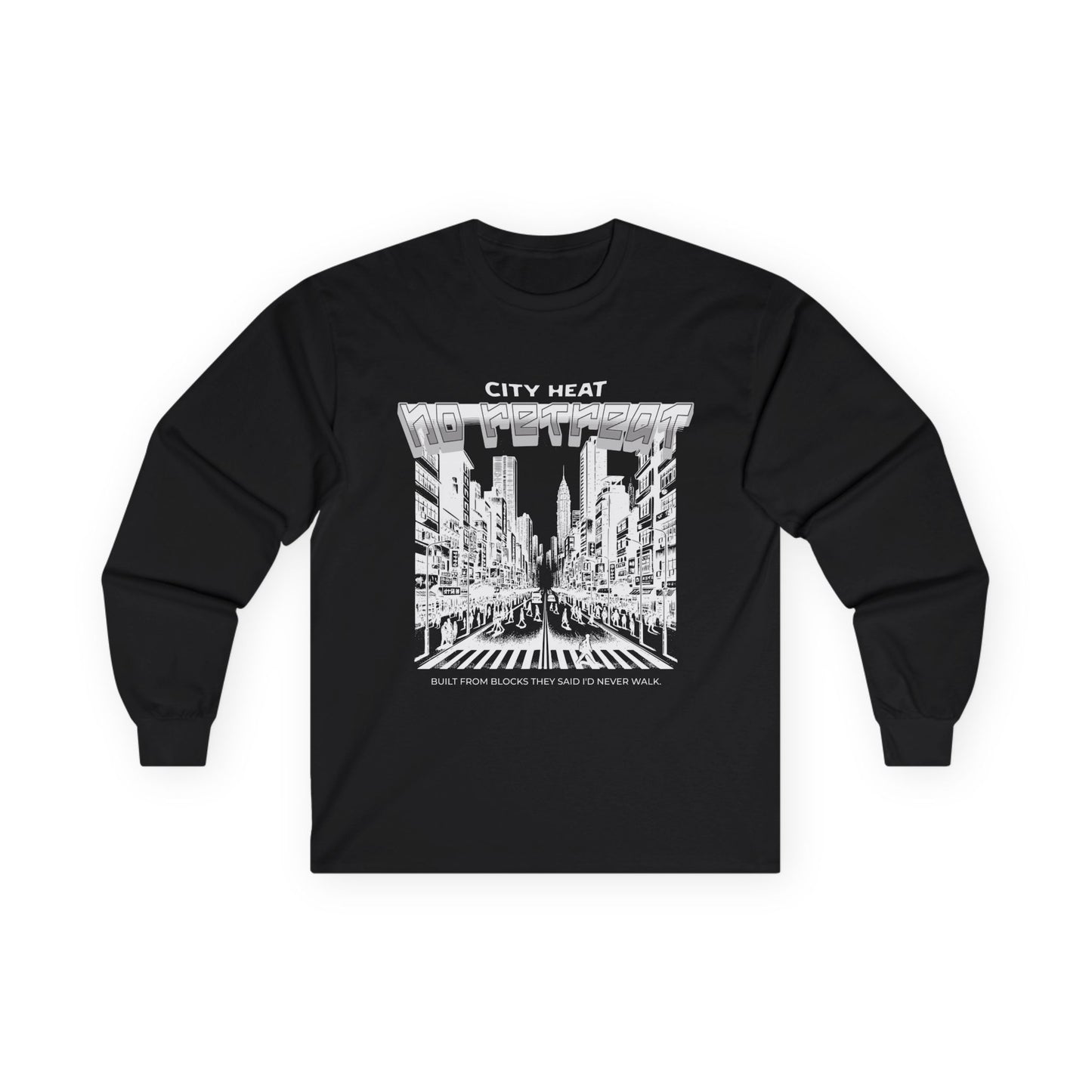 City Heat Graphic Long Sleeve Tee | Black & White Urban Skyline Streetwear Shirt