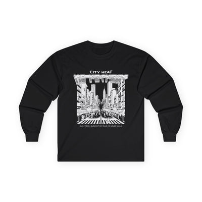 City Heat Graphic Long Sleeve Tee | Black & White Urban Skyline Streetwear Shirt