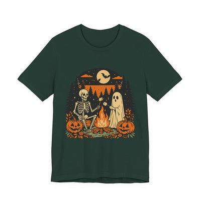 Autumn Halloween Ghost & Skeleton Tee, Unisex Halloween Shirt, Party T-Shirt, Spooky Season Apparel, Fall Festive Top, Ghoulish Graphic Tee