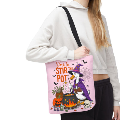 Time to Stir the Pot Halloween Goose Tote Bag, Fun Pumpkin Decor, Witchy Gift, Trick or Treat, Spooky Season Shopping Bag, Cute Duck Design