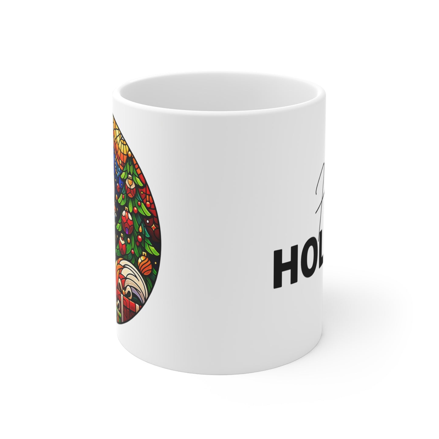 Festive Fox 11oz Christmas Mug  - Holiday Cheer Coffee Cup with Colorful Stained Glass Design