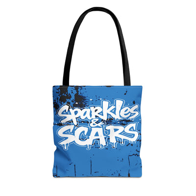 Sparkles & Scars Blue Graffiti Tote | All Over Print Urban Grunge Streetwear Tote Bag