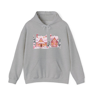 Cozy Pink Gingerbread Cottage Hoodie | Christmas Festive Holiday Hooded Sweatshirt