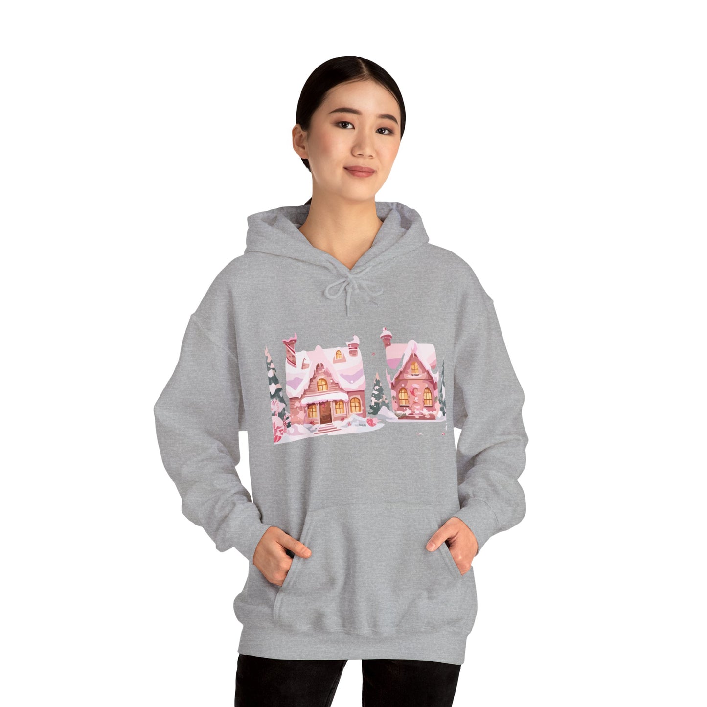 Cozy Pink Gingerbread Cottage Hoodie | Christmas Festive Holiday Hooded Sweatshirt