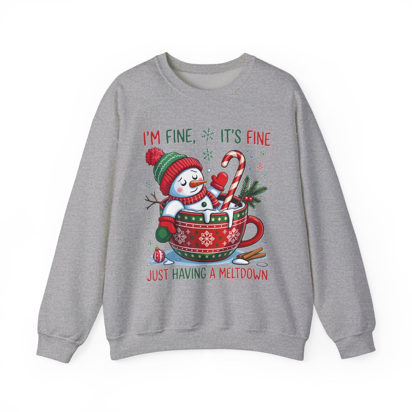 Festive Snowman "I'm Fine, It's Fine" Unisex Crewneck Sweatshirt | Cozy Christmas Holiday Graphic Pullover