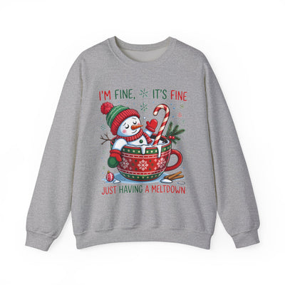 Festive Snowman "I'm Fine, It's Fine" Unisex Crewneck Sweatshirt | Cozy Christmas Holiday Graphic Pullover