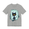 Mysterious Cat Tee for Cat Lovers, Perfect for Halloween, Casual Wear, Gift for Friends, Unisex Short Sleeve Shirt
