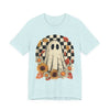 Cute Checkered Ghost Fall Graphic Tee | Unisex Short Sleeve T-Shirt, Halloween Shirt, Floral Graphic Tee, Fall Apparel, Pumpkin Patch Outfit