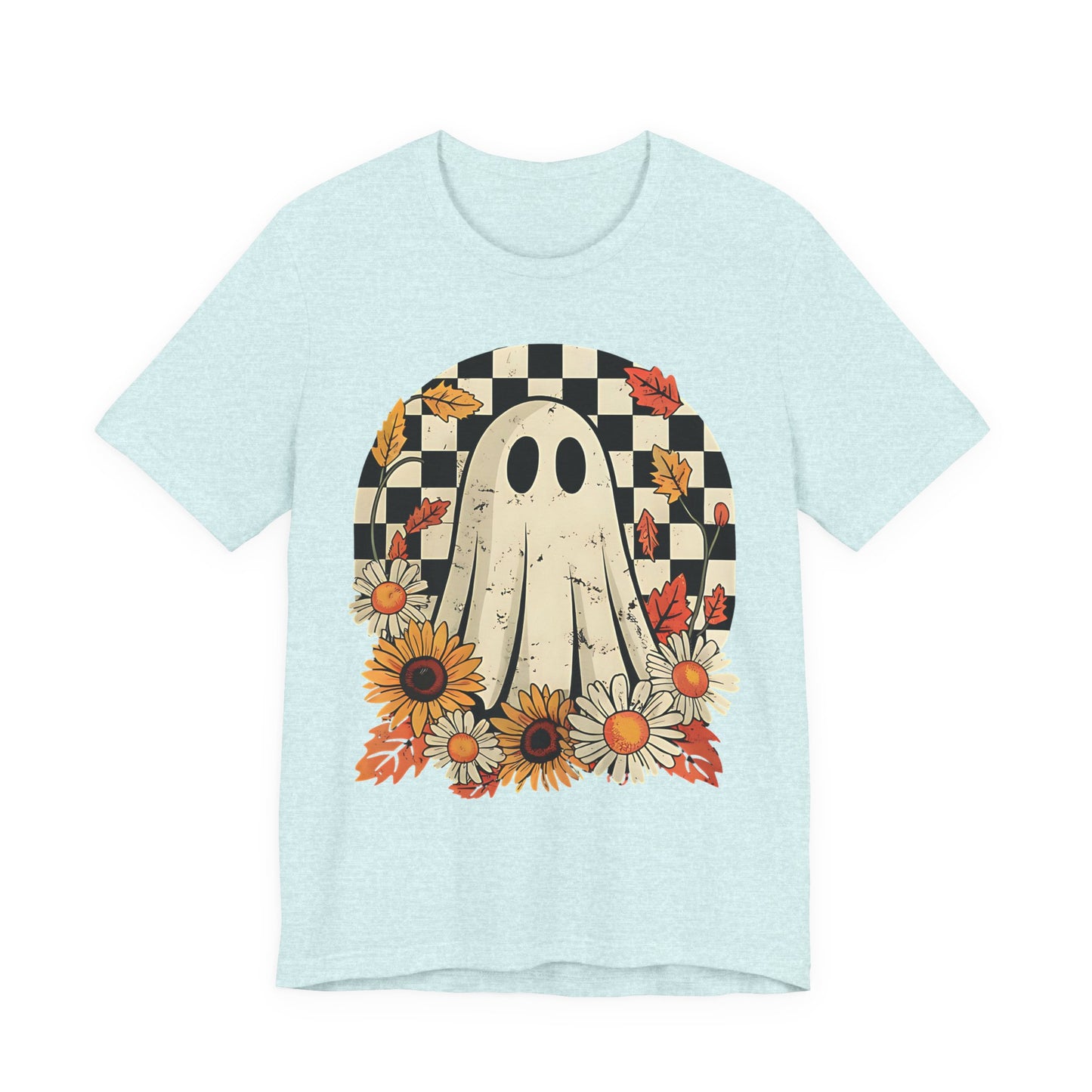 Cute Checkered Ghost Fall Graphic Tee | Unisex Short Sleeve T-Shirt, Halloween Shirt, Floral Graphic Tee, Fall Apparel, Pumpkin Patch Outfit