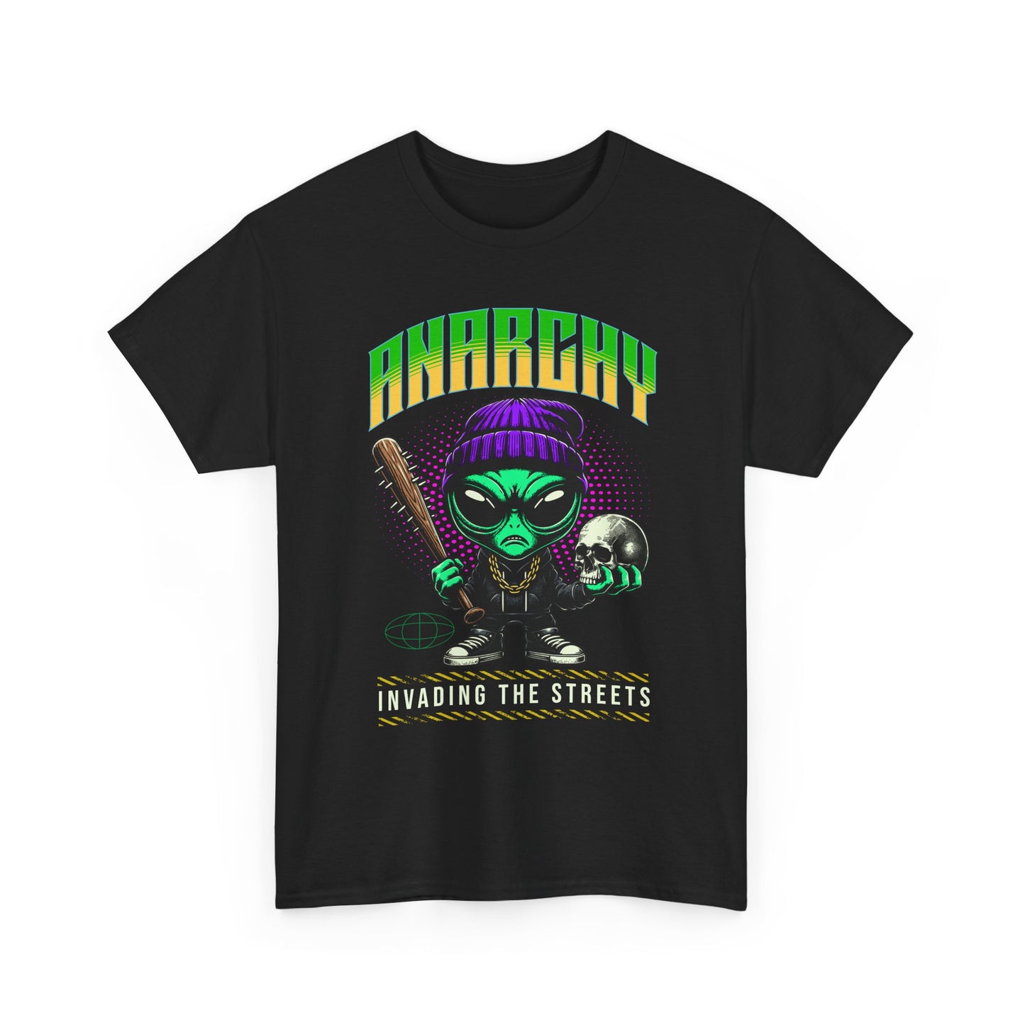 Anarchy Alien Graphic Tee | Cartoon Alien with Bat & Skull Streetwear T-Shirt