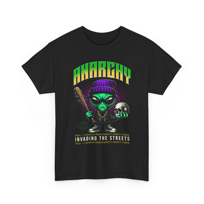 Anarchy Alien Graphic Tee | Cartoon Alien with Bat & Skull Streetwear T-Shirt