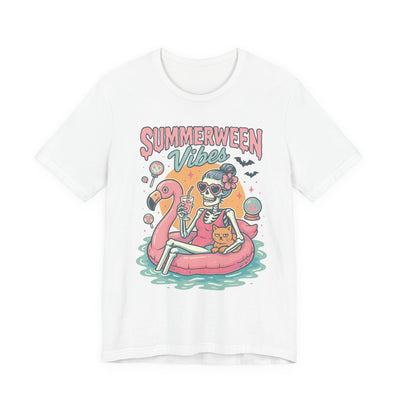 Summerween Vibes Skeleton Tee, Unisex Summer Shirt, Cute Halloween T-Shirt, Fun Seasonal Apparel, Gift for Halloween Lovers