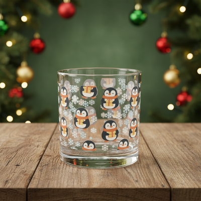 Festive Winter Penguin 10oz Rocks Glass | Christmas Holiday Cheer Drinkware