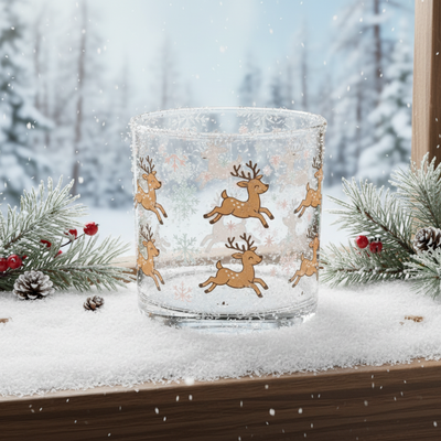 Festive Reindeer 10oz Rocks Glass | Christmas Holiday Cheer Drinkware