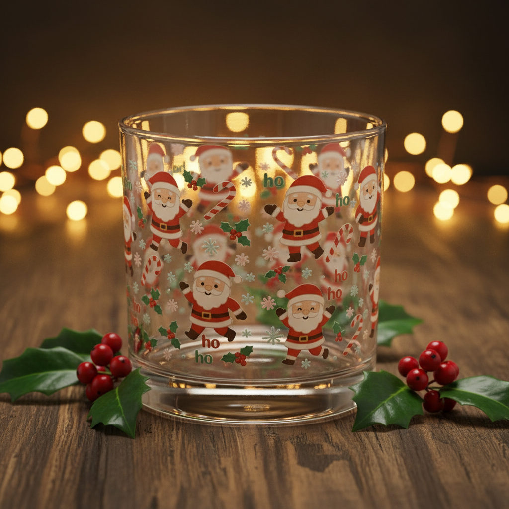 Festive Santa 10oz Rocks Glass | Christmas Holiday Cheer Drinkware