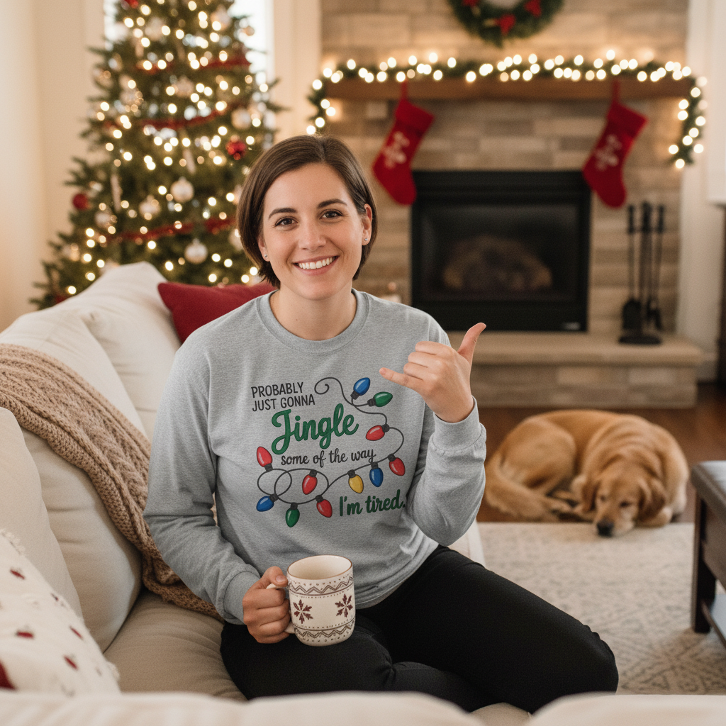 Jingle Bell Lights Funny Unisex Long Sleeve Tee | Humor Holiday Shirt, Probably Just Gonna Jingle Some Of The Way, I'm Tired