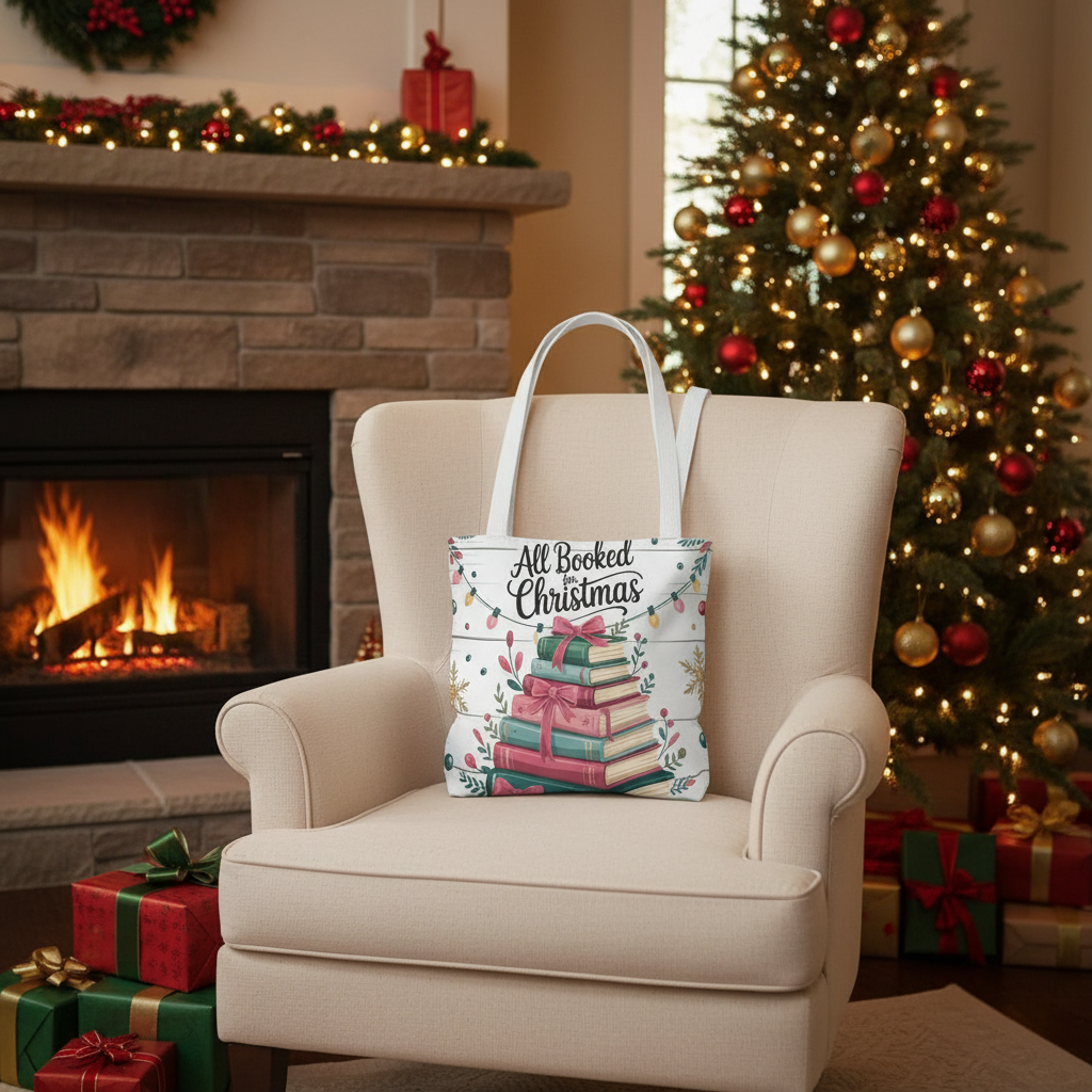"All Booked For Christmas" Christmas Tote Bag | Festive Holiday Gift & Shopping Bag, Gift For Book Lovers