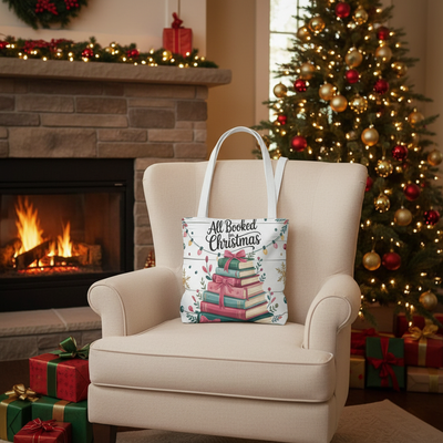 "All Booked For Christmas" Christmas Tote Bag | Festive Holiday Gift & Shopping Bag, Gift For Book Lovers