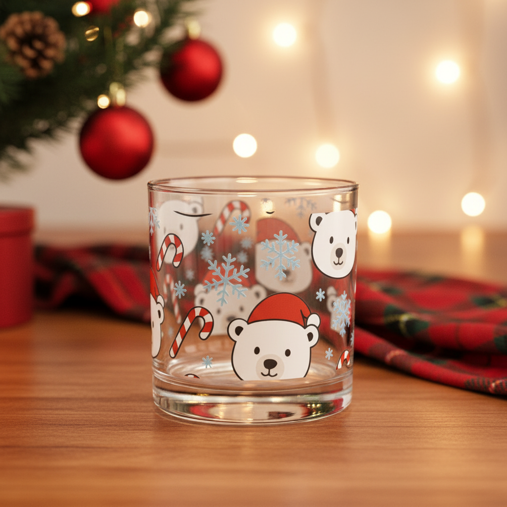 Festive Polar Bear 10oz Rocks Glass | Christmas Holiday Cheer Drinkware